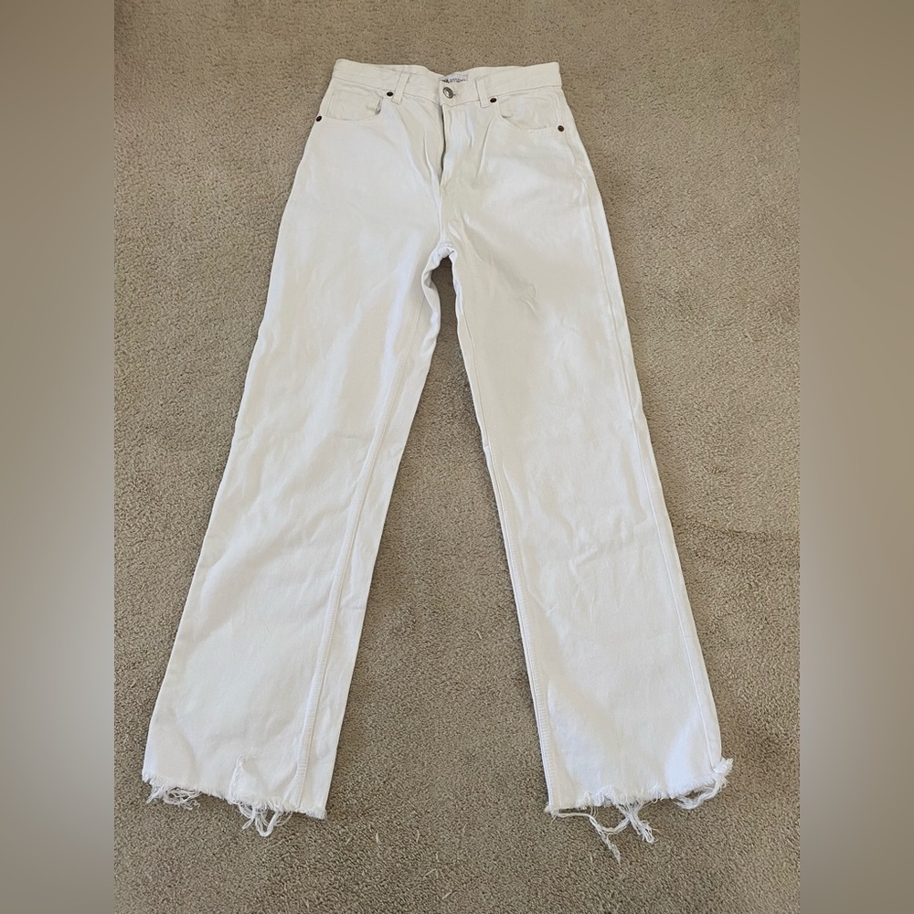 Zara High rise Wide leg raw hem white jeans